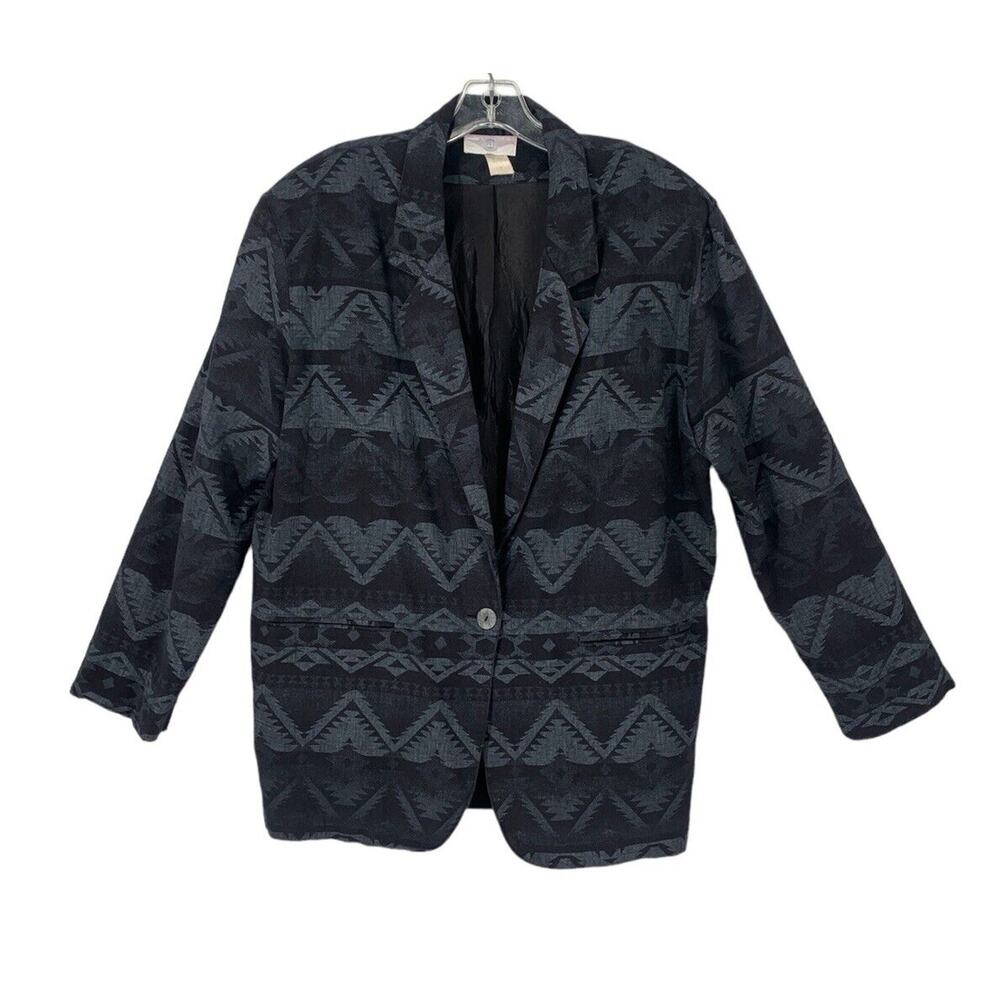 Vintage 80’s DSC Aztec Linen Blend Blazer Shoulder Pads Southwestern Cowgirl XL